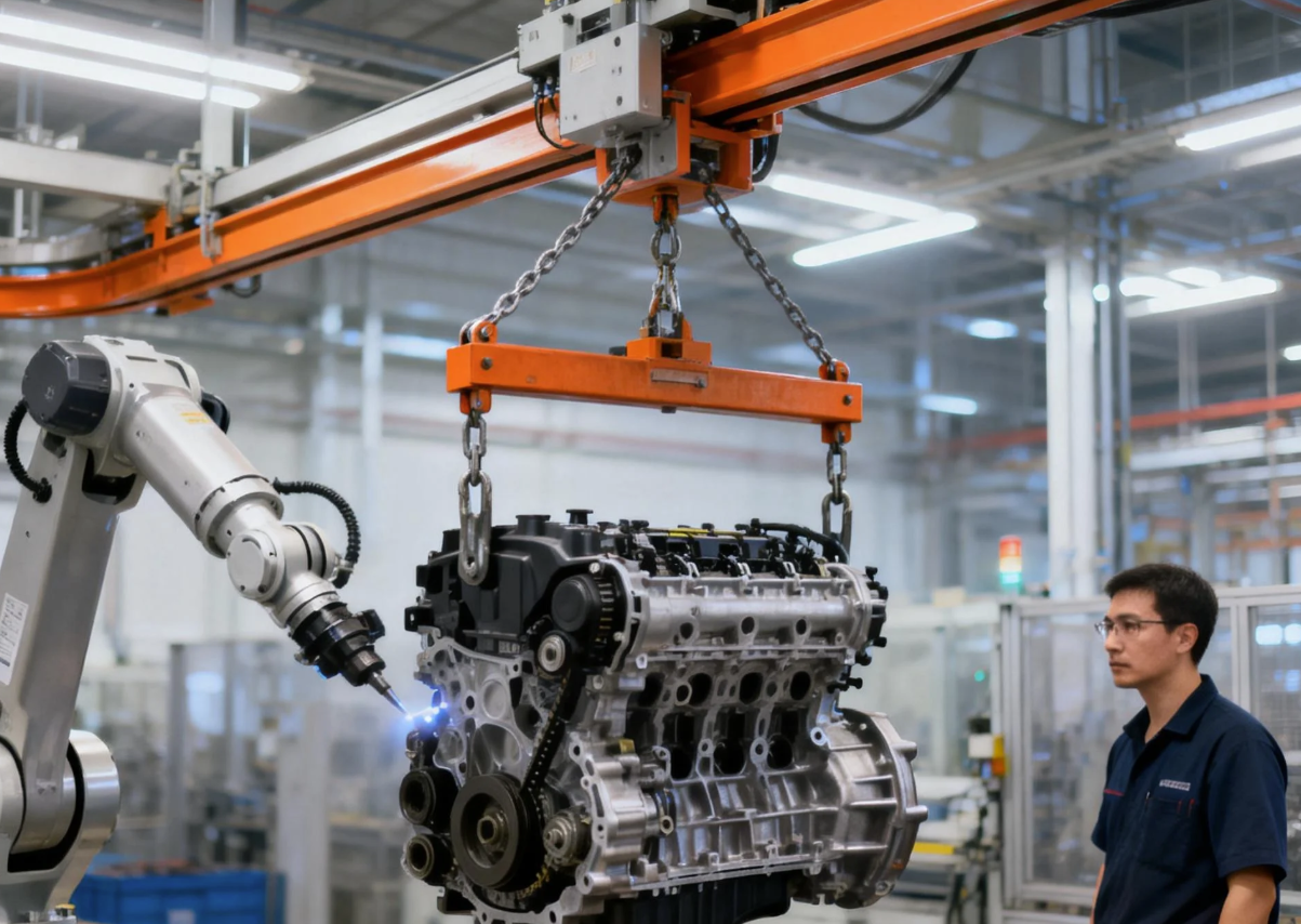 解决汽车装配线最大痛点：KBK如何消除发动机总成吊装的对位偏差？