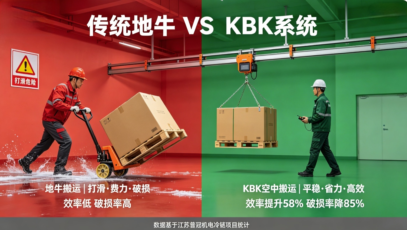冷库地牛搬运与KBK空中搬运效果对比图
