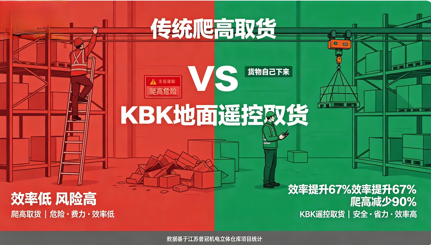 传统爬高取货与KBK地面遥控取货效果对比图