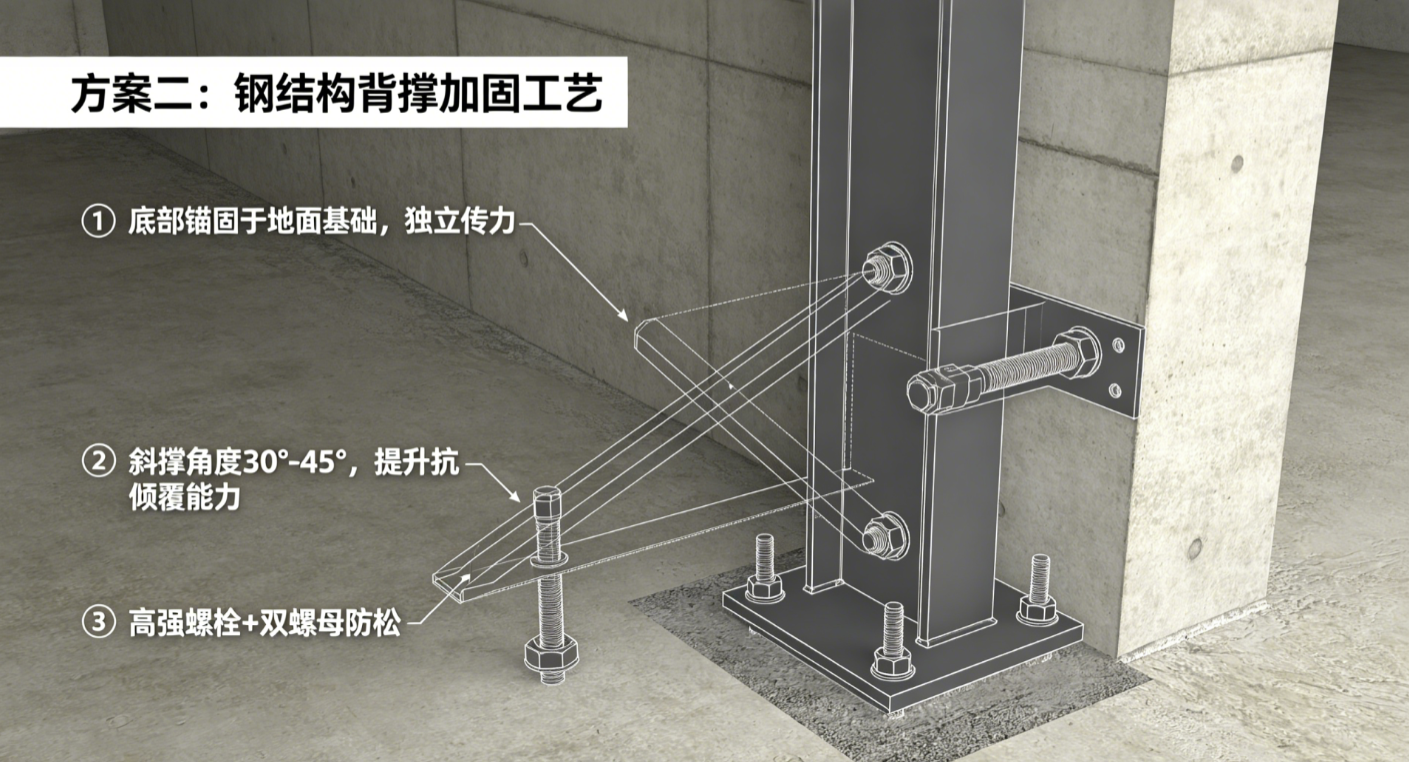 钢结构背撑加固方案传递载荷至地面基础.png